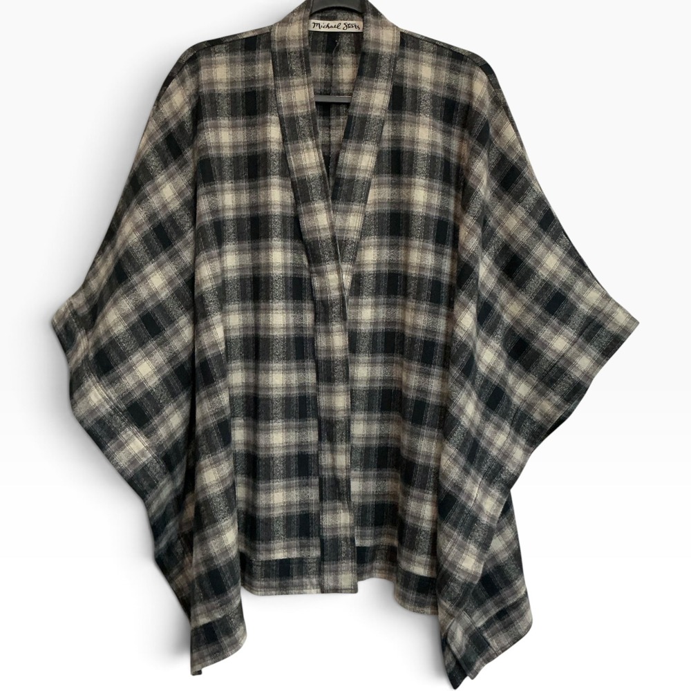 Anthropologie Michael Stars Plaid Flannel Side Snap Cape Poncho Black Grey OS
